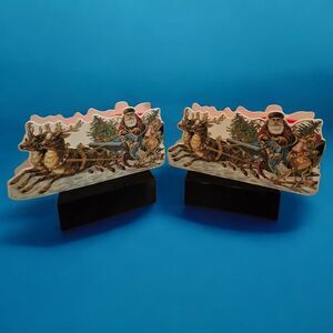 Two Hong Kong Old World Santa & Sleigh Die Cut Christmas Vintage Toy Containers
